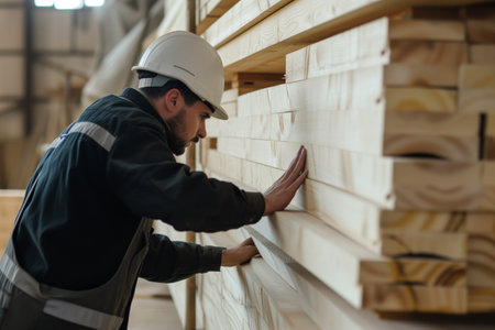 worker examining the quality of cut wood surfacesの素材