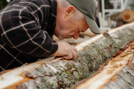 man inspecting bark on a log before processingの素材