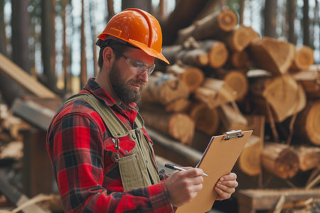 lumberjack making notes on a clipboard at sawmillの素材