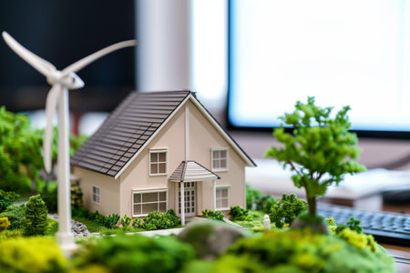 model home with a small wind turbine nearby, on a workstationの素材