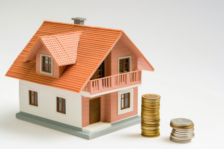 model of a house with a stack of coins beside it representing savingsの素材