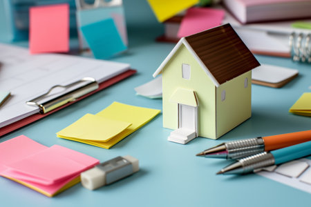 mini house on a wellorganized desk with sticky notes and pensの素材