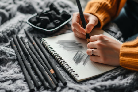 person sketching in notepad, charcoal sticks asideの素材