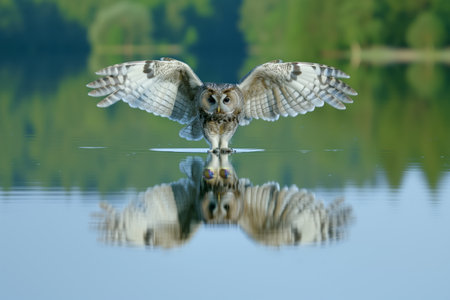owl approaching over calm lake, reflection visible on water surfaceの素材