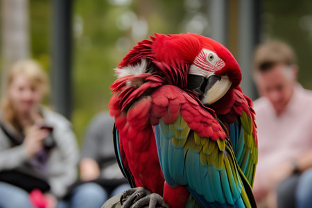 a pair of parrots grooming each other in front of zoo guestsの素材