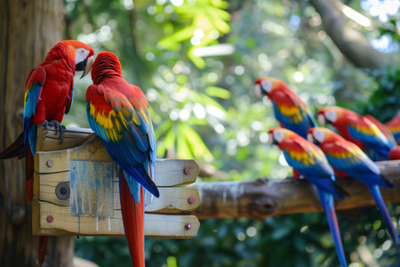 parrotfocused zoo exhibit sign with live parrots perched nearbyの素材