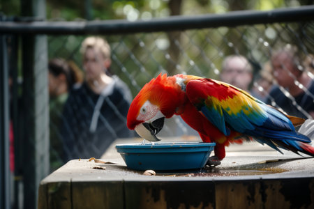 parrot sipping water from a bowl as people watch from behind a fenceの素材