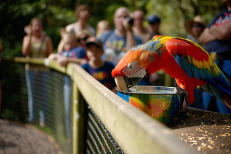 parrot sipping water from a bowl as people watch from behind a fenceの素材