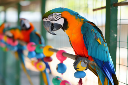 vibrant parrots pecking at colorful toys attached to their enclosureの素材