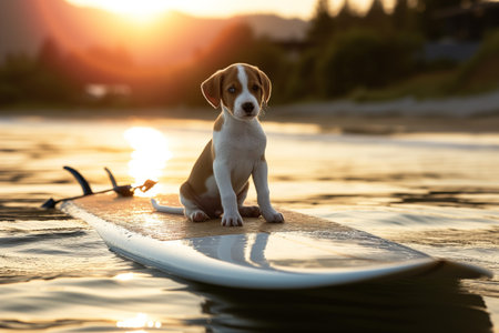 sun setting behind puppy sitting on surfboard in waterの素材