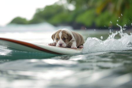 puppy practicing on surfboard in shallow water, still wavesの素材