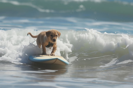 puppy on a mini surfboard riding a gentle waveの素材