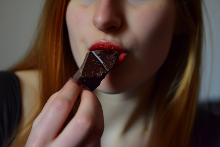 redlipped woman eating dark chocolate, with a bit on her lipの素材