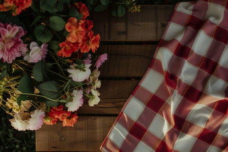 wooden table with fresh flowers and checked tableclothの素材