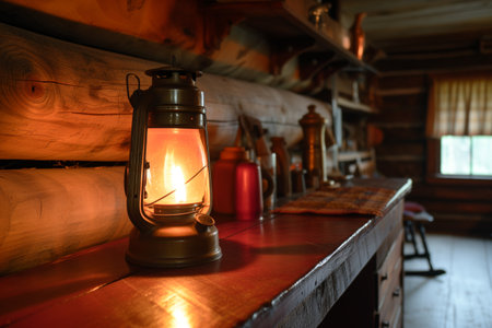 lighting an oldfashioned lantern on a log cabin counterの素材