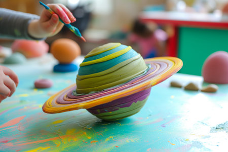 saturn crafted from colorful clay by person on bright tableの素材