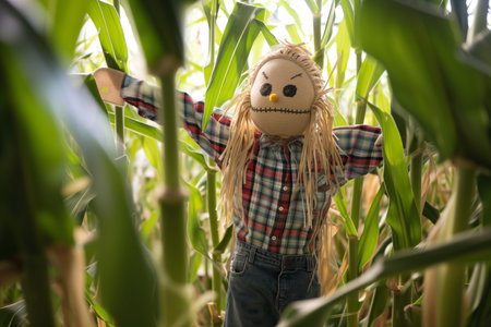 scarecrow dressed in plaid shirt and jeans amidst corn stalksの素材