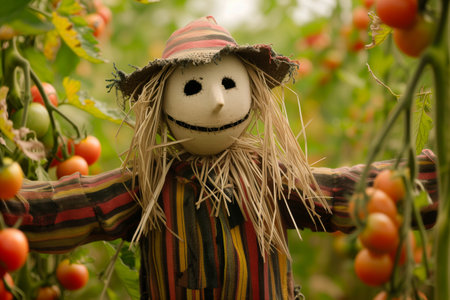 scarecrow with outstretched arms in a field of ripe tomatoesの素材