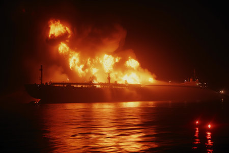 burning oil tanker at night, emergency flares in foregroundの素材