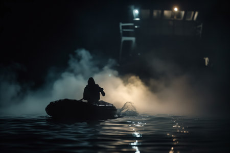person in dinghy escaping from smoky ship at nightの素材