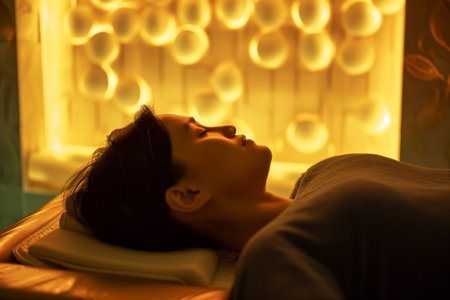person resting head on massage bed, ambient lightの素材