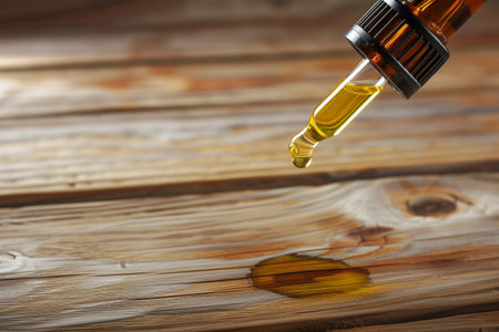 essential oil dropper with copious space on wooden surfaceの素材