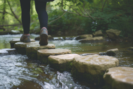 person walking on stepping stones over a forest springの素材