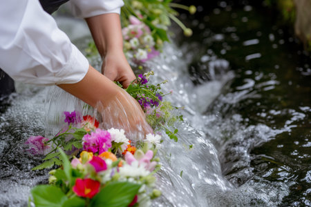 florist rinsing flowers in the flow of a spring streamの素材