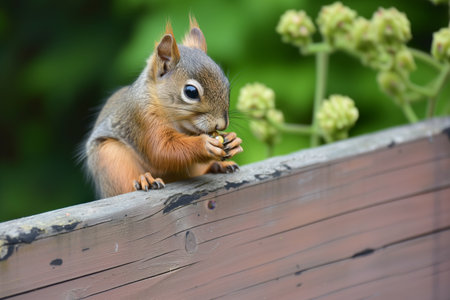 young squirrel on fence nibbling pistachioの素材