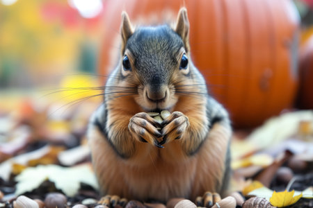 close focus on squirrels muzzle while eating pumpkin seedの素材