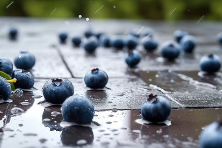 blueberries bouncing off a wet patio surfaceの素材
