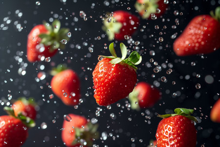 strawberries tossed into the air, water droplets aroundの素材