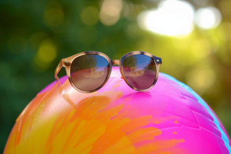 pair of sunglasses resting on a vibrant inflatable beach ballの素材