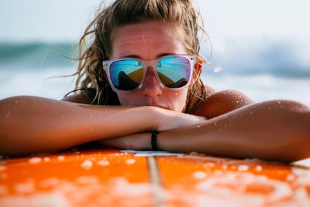 surfer with mirrored sunglasses resting on her surfboardの素材