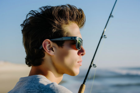 man fishing at the beach in polarized sunglassesの素材