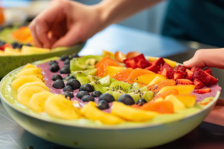 prepping colorful smoothie bowls with fruit toppingsの素材