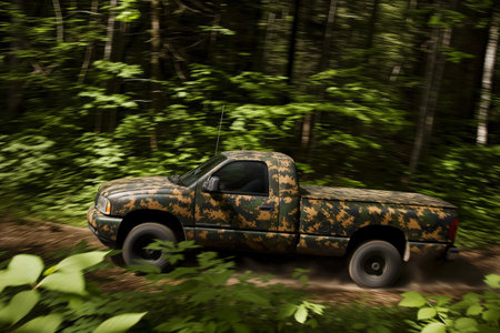 camouflaged truck blending with forest greenery on fast driveの素材