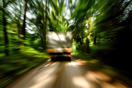 truck with blurred trees showcasing speed on a forest pathの素材