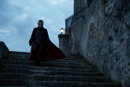 man in vampire attire walking up ancient stone steps at duskの素材
