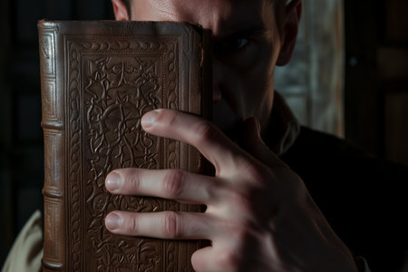 man with piercing gaze holding a leatherbound bookの素材