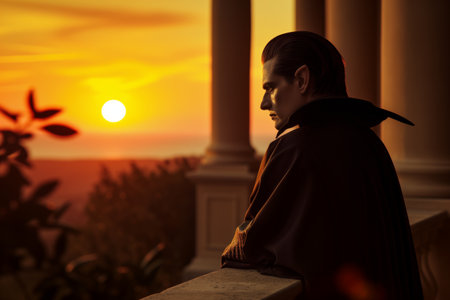 vampire man with slick hair and cloak watching sunset from a balconyの素材