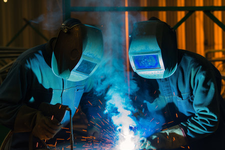 two welders in sync, joining parts of a metal sculptureの素材