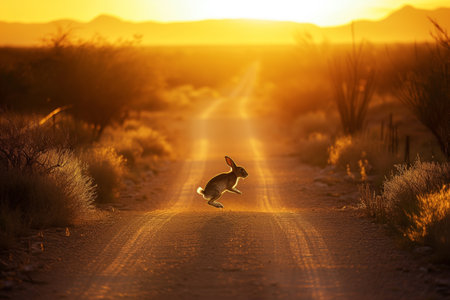 jackrabbit bounding across a narrow dirt road at sunsetの素材