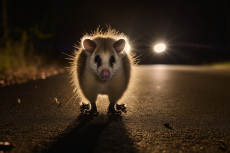 opossum frozen in headlights on a dark suburban roadの素材