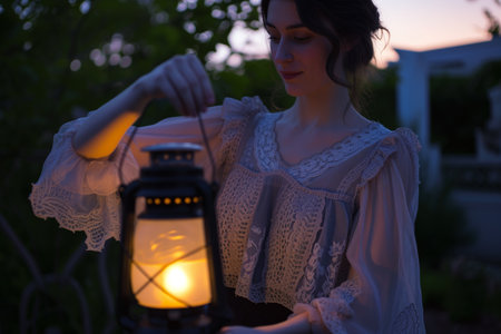 woman in a lacetrimmed blouse lighting a lantern at duskの素材