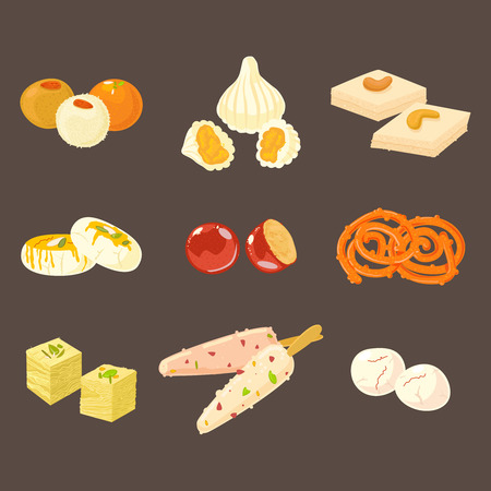 Indian sweets icons isolated on dark background. Laddu, modak, burfi, sandesh, gulab jamun, jalebi, soan papdi kulfi and rasgullaのイラスト素材