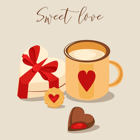 Vector illustration. Mug of cappuccino and heart-shaped chocolates, cookie and heart-shaped sweet box with ribbon. Valentine's Day card. Retro style color poster.のイラスト素材
