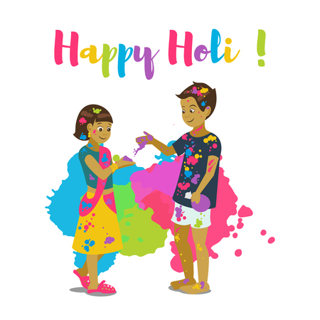 Children playing holi .Happy holi festival greeting card and vector design. Colorful illustration cartoon flat style with spashes of paints.のイラスト素材