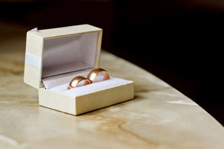 Wedding rings in a boxの写真素材