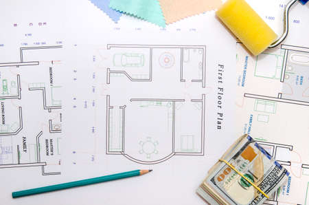 Architectural background with sketch, cloth color samples, dollar